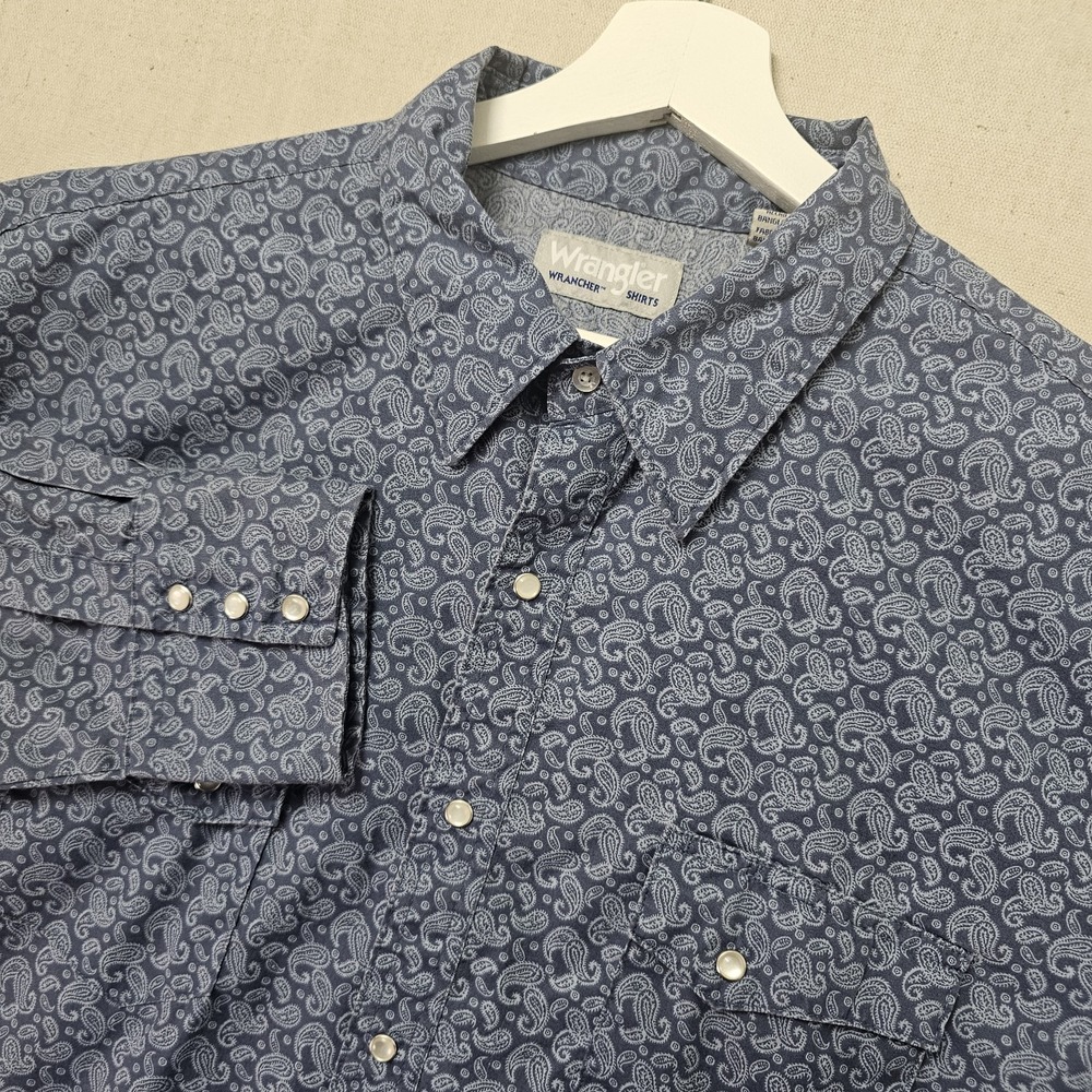 Wrangler Wrancher Pearl Snap Long Sleeve Shirt Men 2XL Blue Paisley Cowboy Ranch